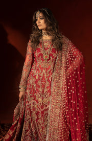 Raspberry Red Pakistani Bridal Lehenga Set with Trail