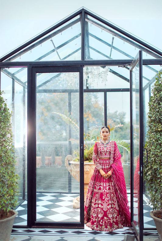 Hot Pink Pakistani Designer Bridal Dress with Zari Dupatta