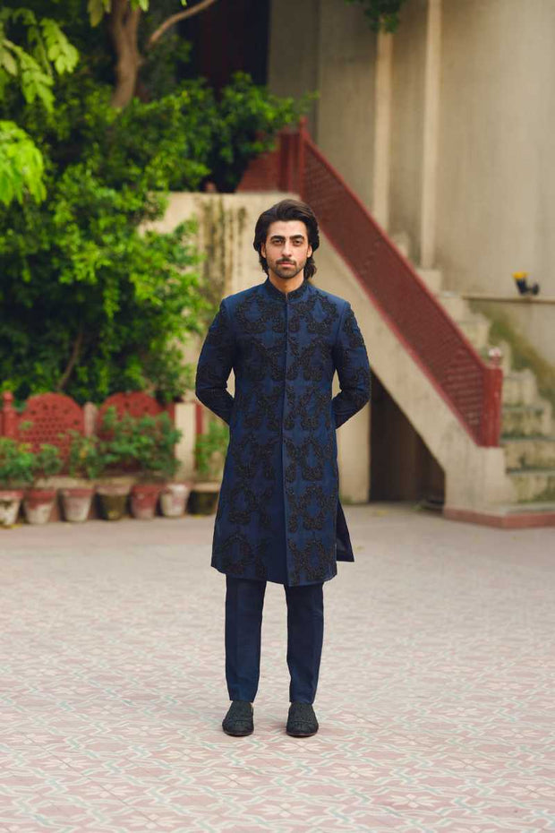 Navy Blue Embroidered Pakistani Sherwani for Grooms