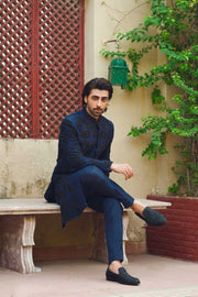 Navy Blue Embroidered Pakistani Sherwani for Grooms