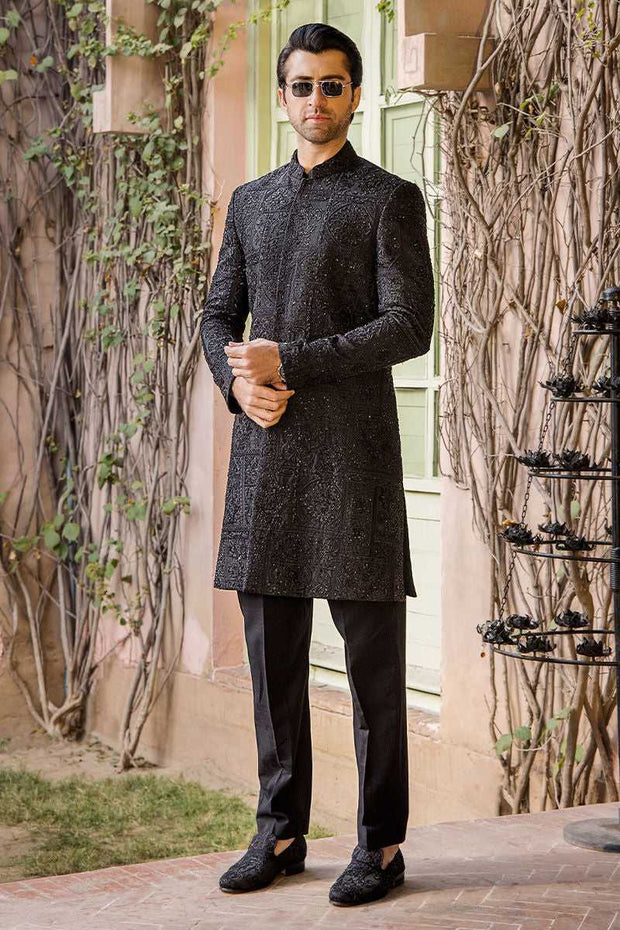 Elegant Black Pure Silk Wedding Sherwani for Men