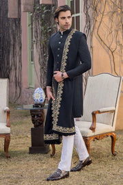Elegant Jet Black Tropical Silk Mens Sherwani