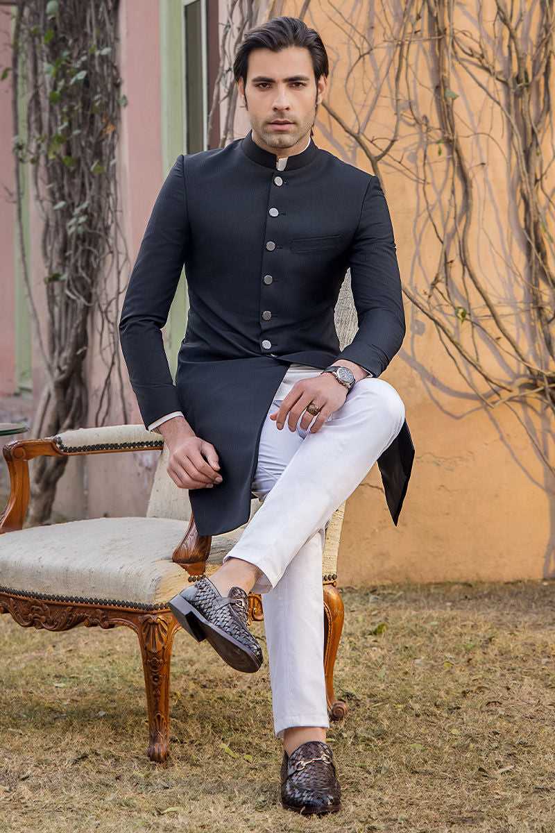 Elegant Jet Black Tropical Silk Mens Sherwani