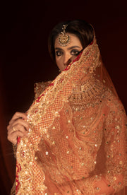 Rust Orange Pishwas with Jamawar Lehenga - Pakistani Bridal Dress