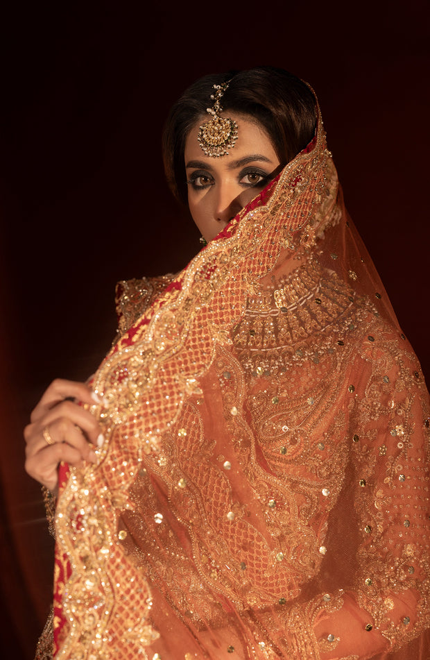 Rust Orange Pishwas with Jamawar Lehenga - Pakistani Bridal Dress