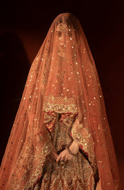 Rust Orange Pishwas with Jamawar Lehenga - Pakistani Bridal Dress