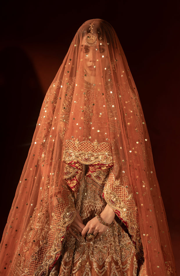 Rust Orange Pishwas with Jamawar Lehenga - Pakistani Bridal Dress