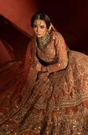 Rust Orange Pishwas with Jamawar Lehenga - Pakistani Bridal Dress