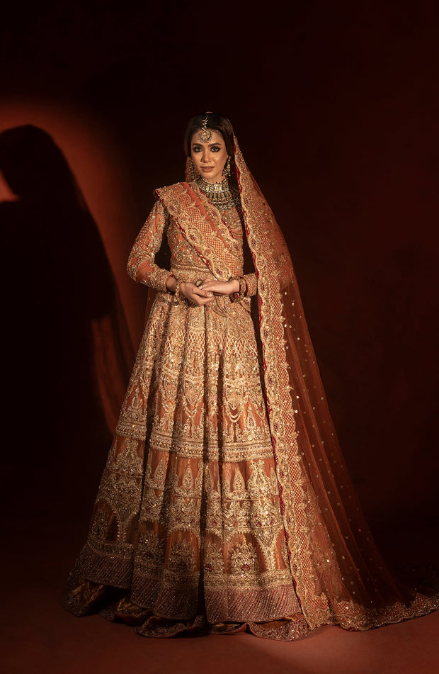 Rust Orange Pishwas with Jamawar Lehenga - Pakistani Bridal Dress