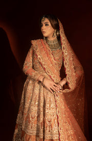 Rust Orange Pishwas with Jamawar Lehenga - Pakistani Bridal Dress