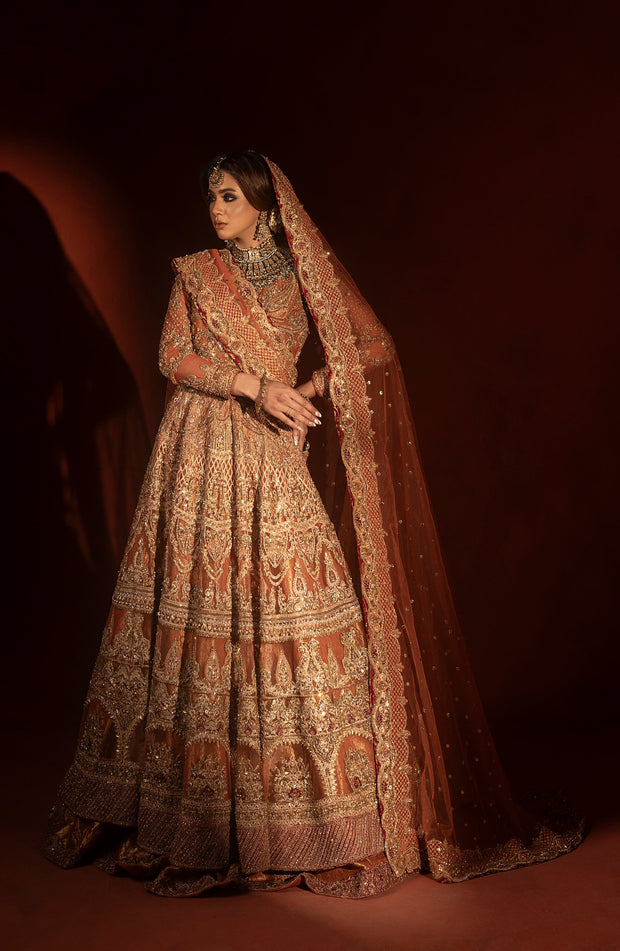 Rust Orange Pishwas with Jamawar Lehenga - Pakistani Bridal Dress