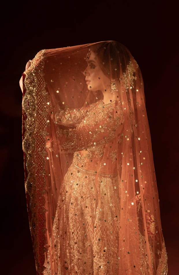 Rust Orange Pishwas with Jamawar Lehenga - Pakistani Bridal Dress