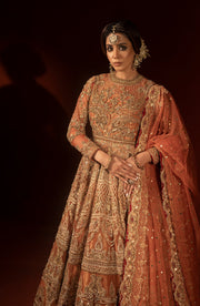 Rust Orange Pishwas with Jamawar Lehenga - Pakistani Bridal Dress