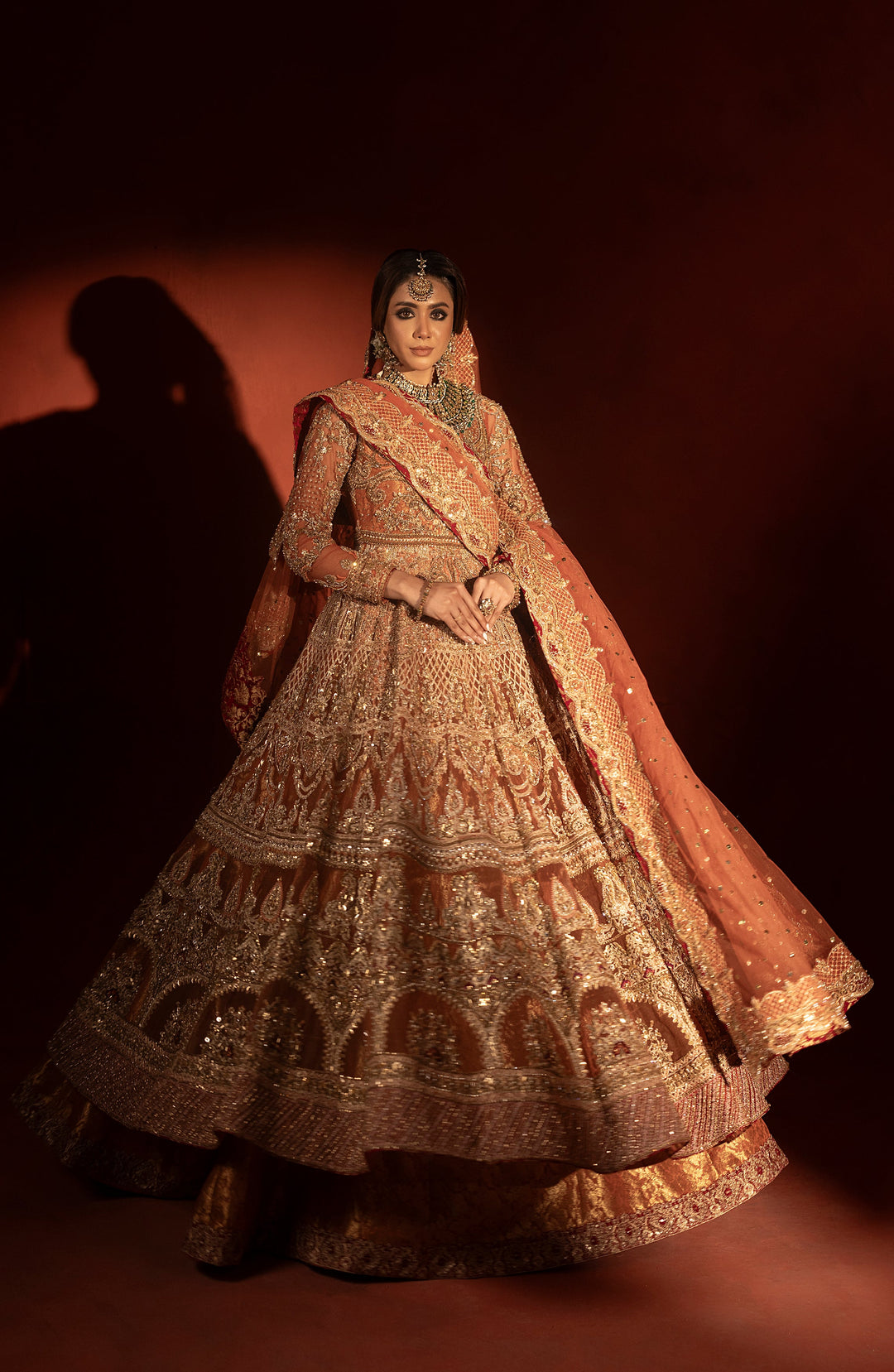 Rust Orange Pishwas with Jamawar Lehenga - Pakistani Bridal Dress