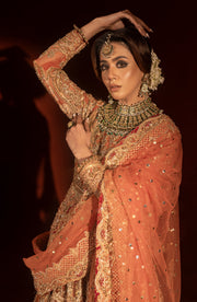Rust Orange Pishwas with Jamawar Lehenga - Pakistani Bridal Dress