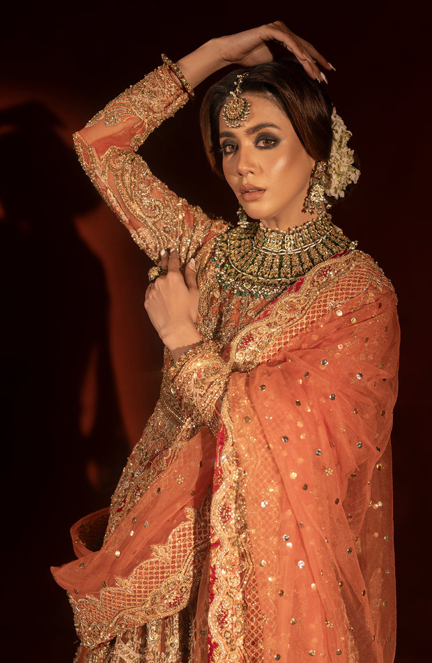 Rust Orange Pishwas with Jamawar Lehenga - Pakistani Bridal Dress