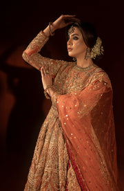 Rust Orange Pishwas with Jamawar Lehenga - Pakistani Bridal Dress