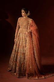 Rust Orange Pishwas with Jamawar Lehenga - Pakistani Bridal Dress
