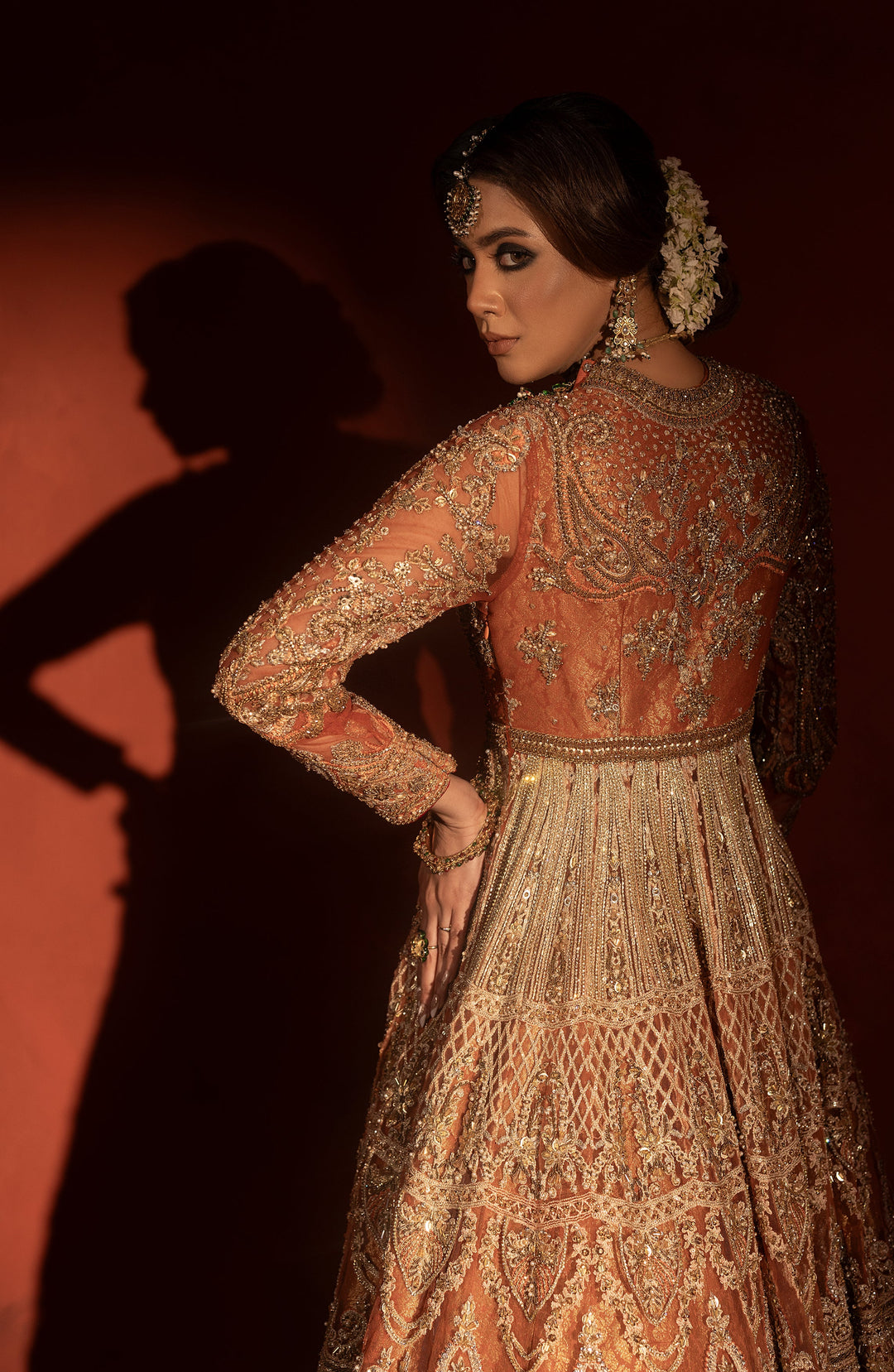 Rust Orange Pishwas with Jamawar Lehenga - Pakistani Bridal Dress