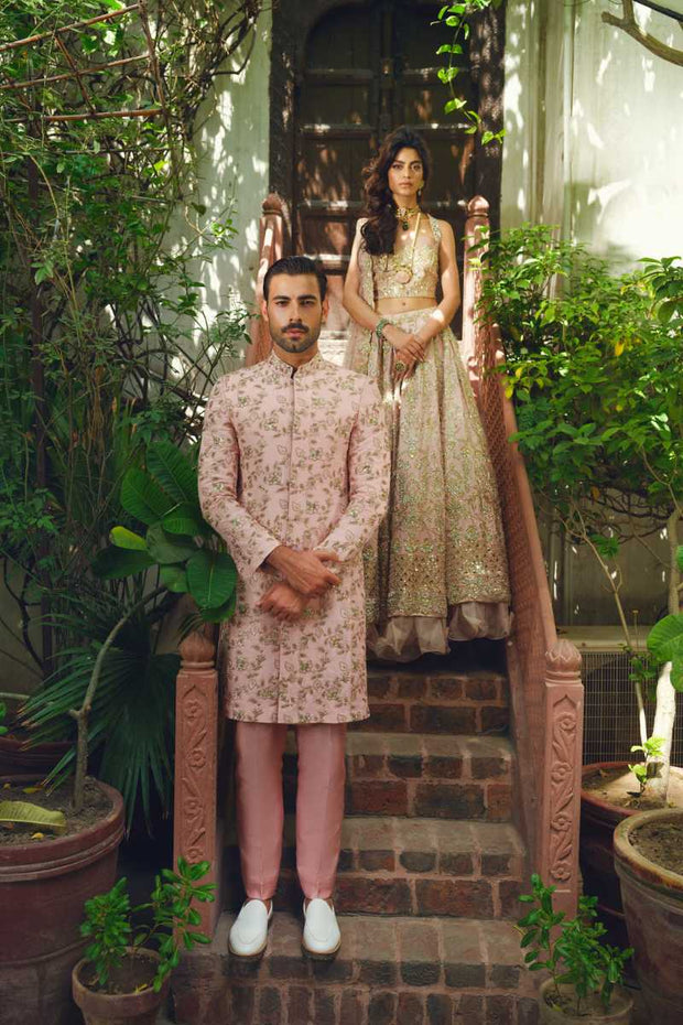 Elegant Blush Pink Pakistani Sherwani with Gold Accents