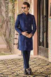 Hand-Made Sapphire Blue Pure Silk Groom Sherwani