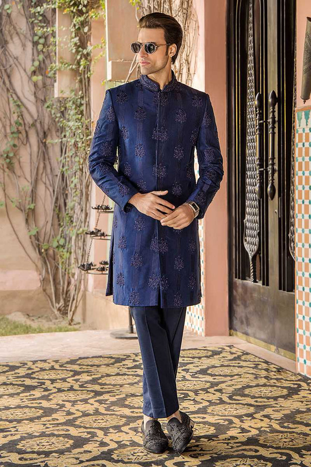 Hand-Made Sapphire Blue Pure Silk Groom Sherwani