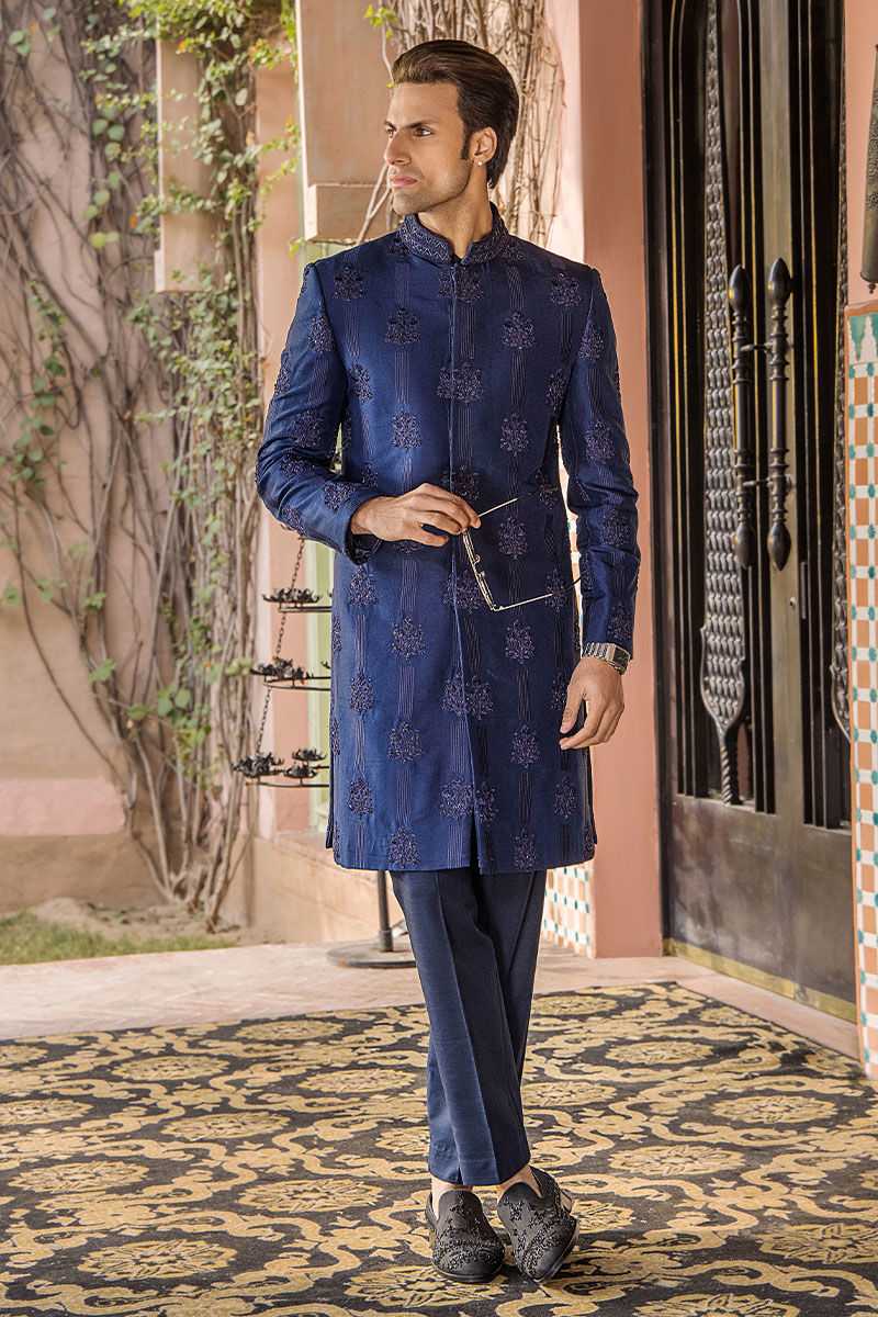 Hand-Made Sapphire Blue Pure Silk Groom Sherwani