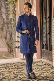 Hand-Made Sapphire Blue Pure Silk Groom Sherwani