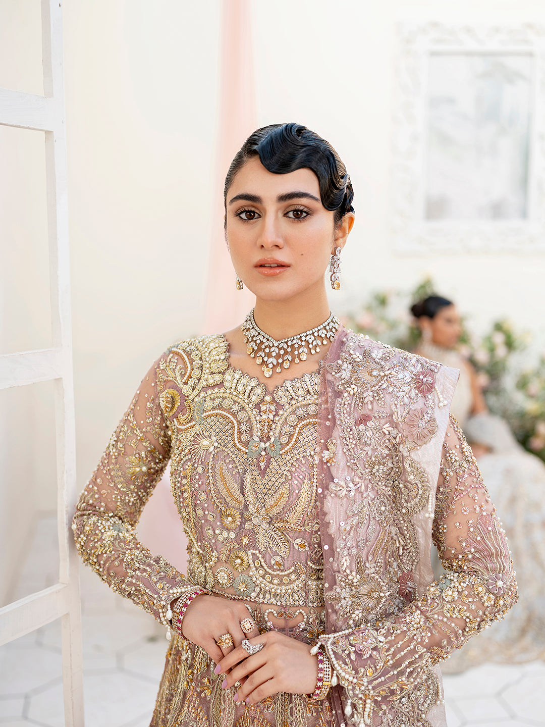 Stunning Lilac Pakistani Bridal Dress with Gold Embroidery