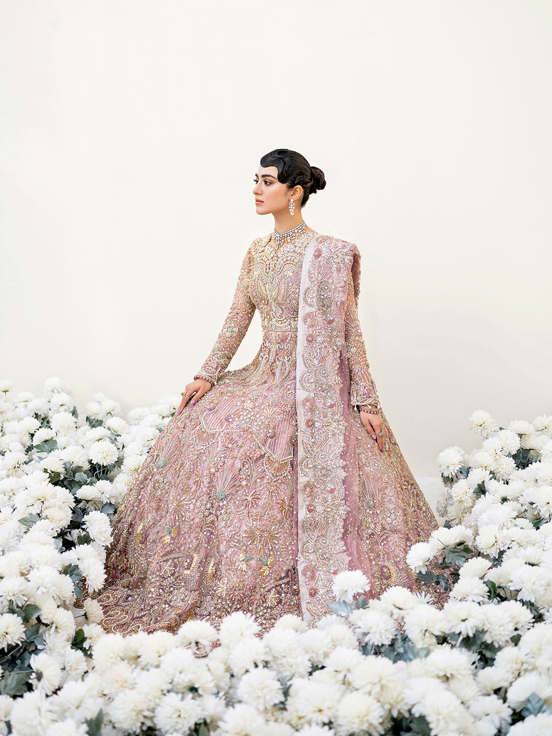 Stunning Lilac Pakistani Bridal Dress with Gold Embroidery