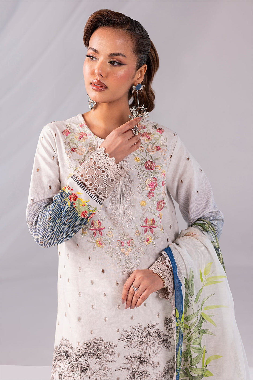 Off White Embroidered Net Dress Set