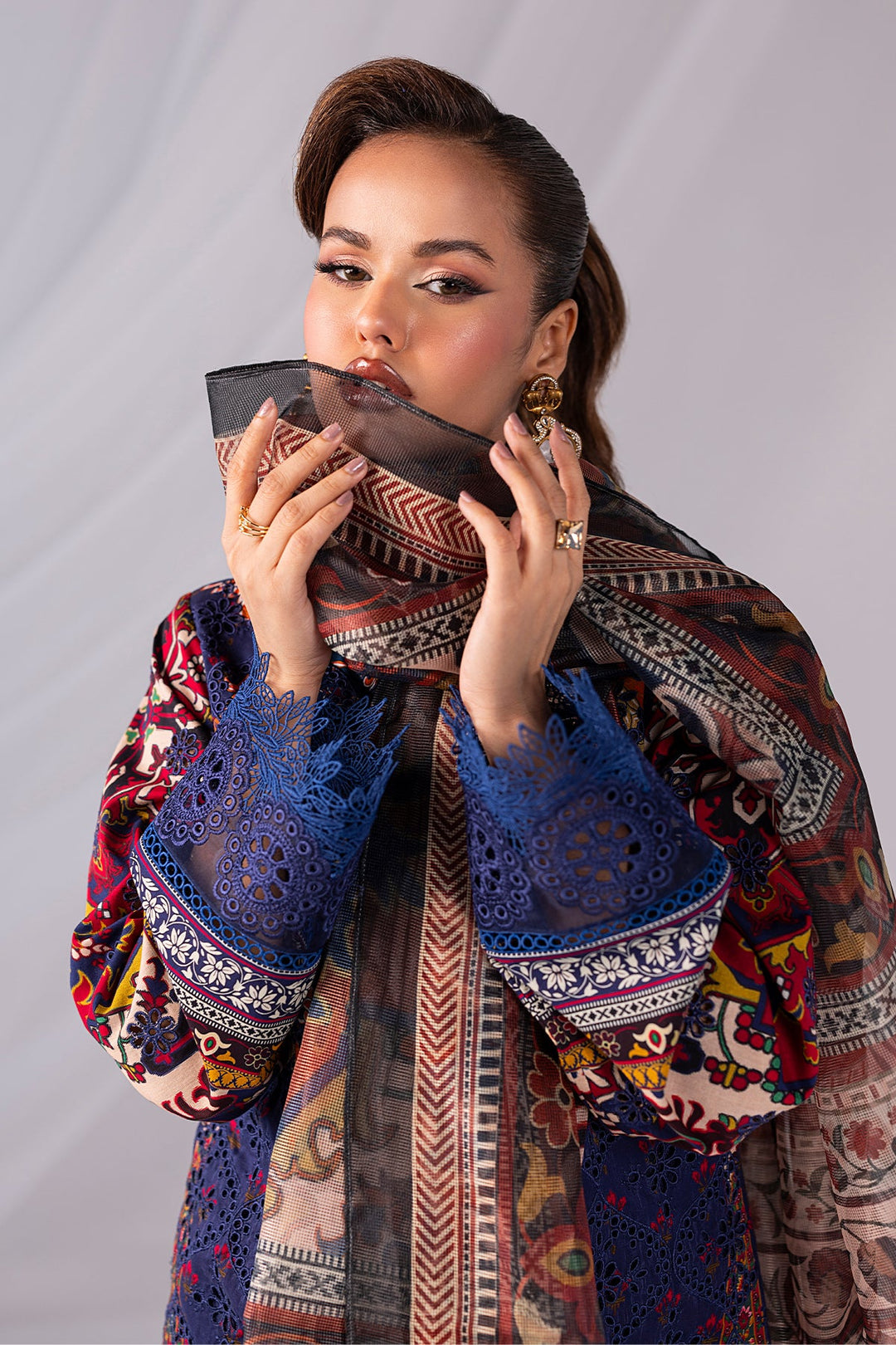 Embroidered Organza Ensemble With Shawl