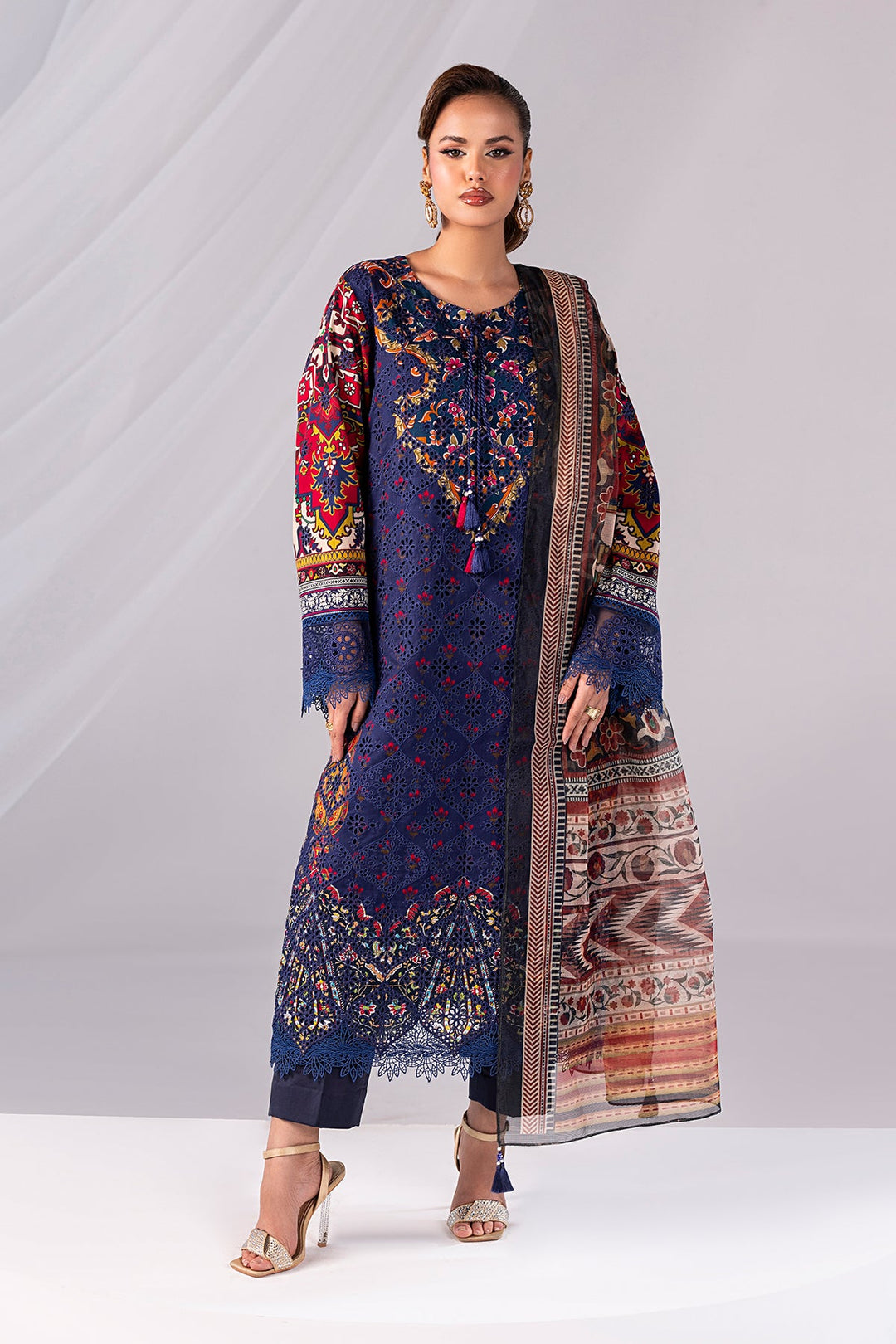 Embroidered Organza Ensemble With Shawl
