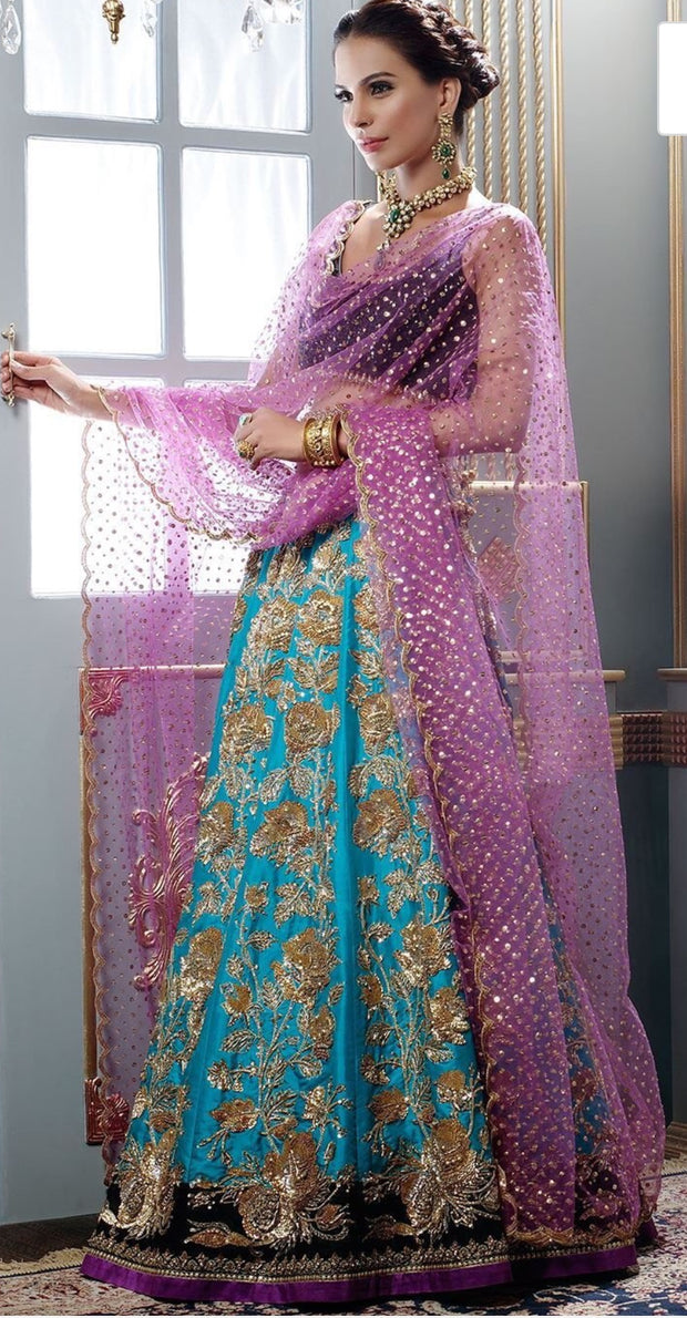 Mehndi Ghagra Choli In Beutifull Turquoise And Perple Color.Work Embaleshed With Sitara,Dabka,And Zari Work.