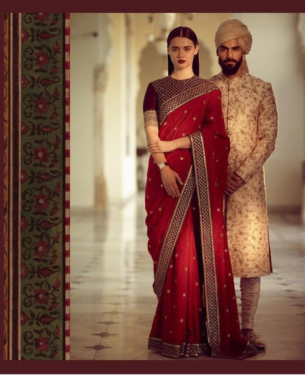 Indian Bridal Sare In Red And Maroon Color.Work Embellished With Dabka Zardozi Nagh And Sequance Work.