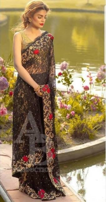 Chiffon Bridal Bangali Saree In Black And Golden Color.Work Embalished With Dhaga Tilla Embroidery Dabka And Sitara Work On Chiffon Fabric.