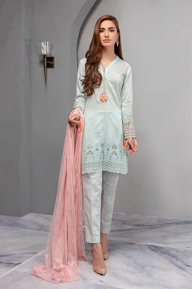 Designer Lawn Dress In Turquoise Color.Work With Dhaga Work And Cutwork Daman.