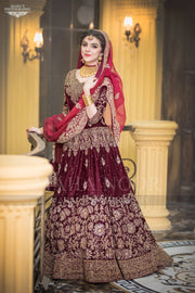 Bridal Reception Lahnga In Dark Maroon Color.Work Embalished With Pure Dabka Zari Sequance And Stone Work.