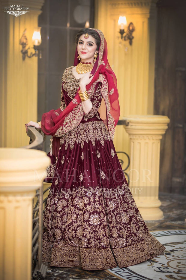 Dark Maroon Lehenga Bridal Pakistani Wedding Dresses – Nameera by Farooq
