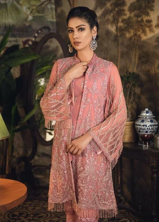 Open Gown Stylish Dress In Tea Pink Color By Iznik Tilla Threads Embroidery,Sequance And Cutwork Patches.