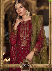 Dulhan Suit In Hot Red Color By Maria.B With Copper Tilla Embroidery,Sequance,Handwork And,Cutwork Patches.