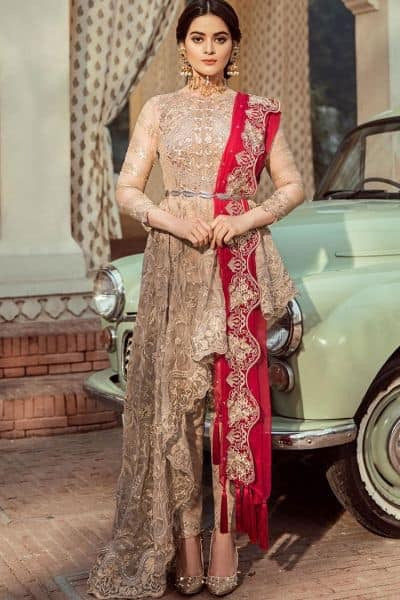 Stylish Dress Imrozia in Brown Skin Gold Color.Work Embellished With Beutiful Tilla Thredsa Embroidery Sequance And Patches Work.