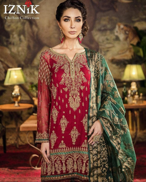 Designer Chiffon Dress In hot Red By Iznik.With Golden Tilla Threads Embroidery Sequance And Handwork.