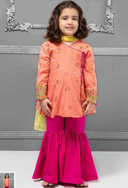 Kids Angrakha Gharara in Pink And Shokin Pink Color.Work Embalished With Threads Embroidery on Full Shirt And Sleeves.