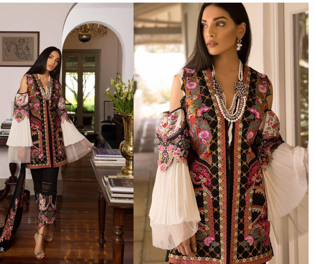 Pakistani Designer Cloth By Sana Safinaz With Threads Embroidery And Patches Work And Woolen Shawl.