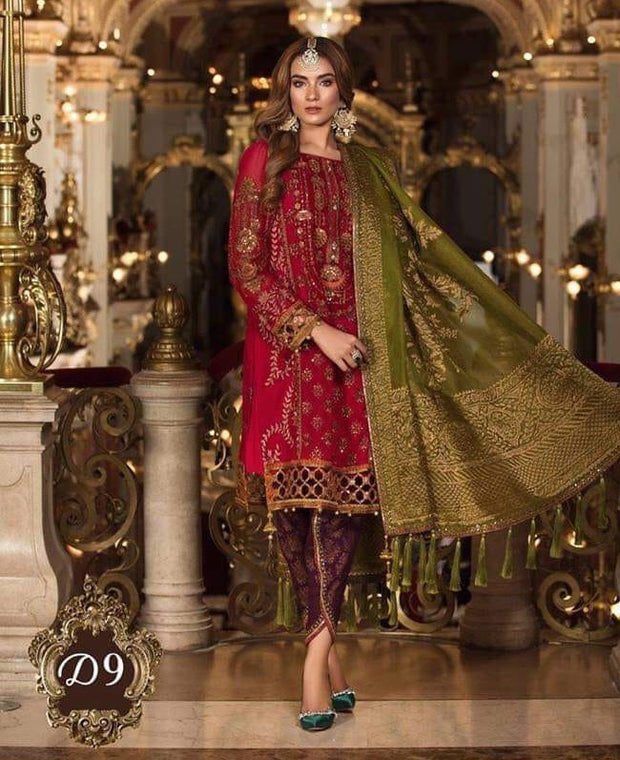 Dulhan Suit In Hot Red Color By Maria.B With Copper Tilla Embroidery,Sequance,Handwork And,Cutwork Patches.