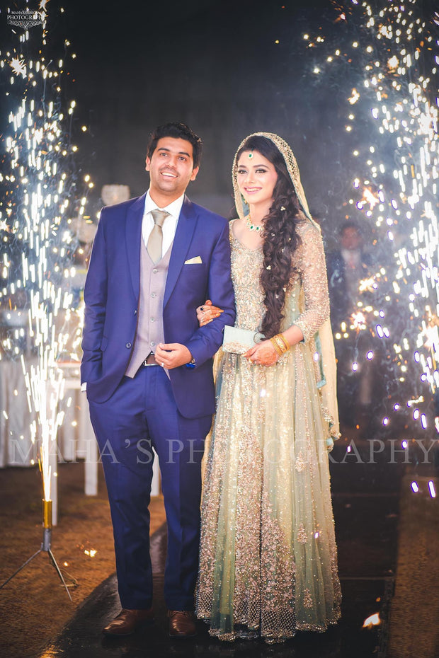 Beautiful bridal maxi in mint green color with dull gold and silver color