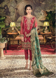 Designer Chiffon Dress In hot Red By Iznik.With Golden Tilla Threads Embroidery Sequance And Handwork.