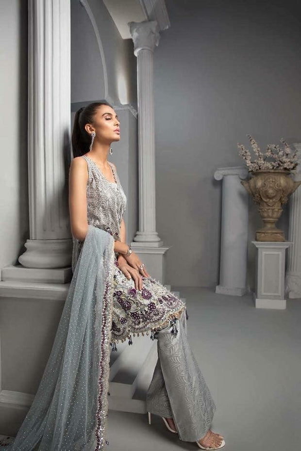 Fancy Party Wear in Light Gray Color.With Tilla Threads Embroidery And Pearls Sequance Work.