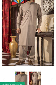 Pakistani Men Dress in Light Brown Color.Pure Threads Embroidery On Neck And Collar.
